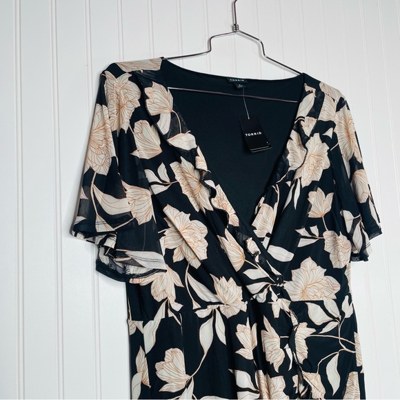 TORRID Floral At The Knee Mesh Surplice Ruffle Slit Dress - Picture 4 of 7